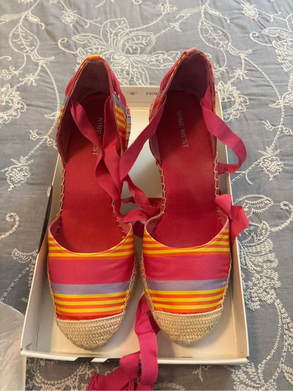 Nine West Pink and Yellow Striped Espadrille Wedges